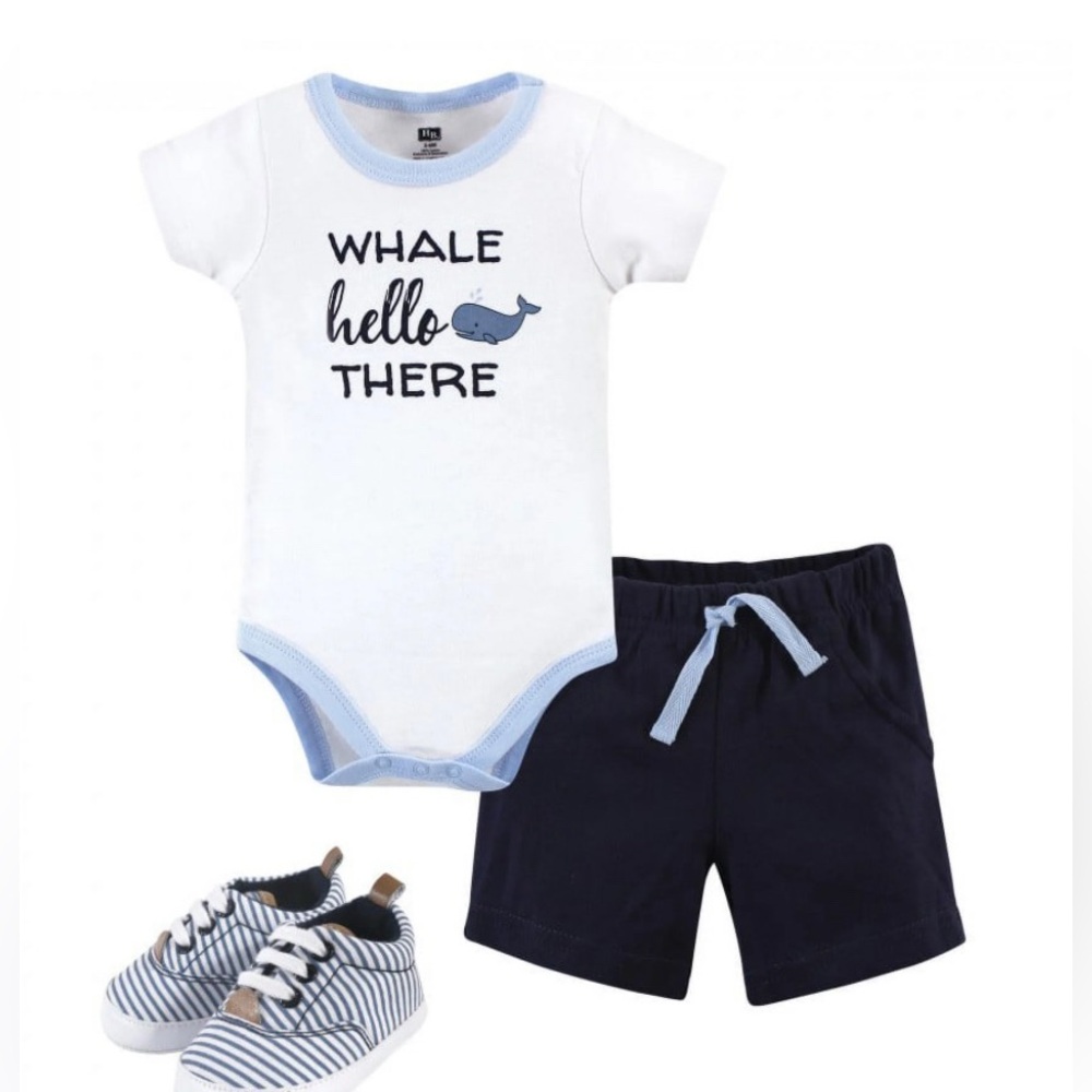 Hudson Baby Boys 3-6 Months Three Piece Onesie, Shorts & Crib Shoes New!